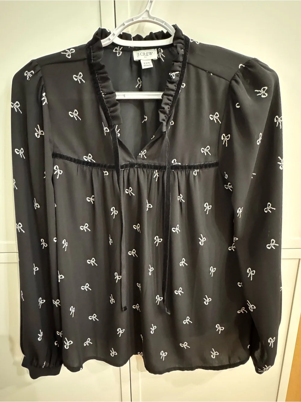 J. Crew Black Bow-Print Ruffle Tie-Neck Blouse